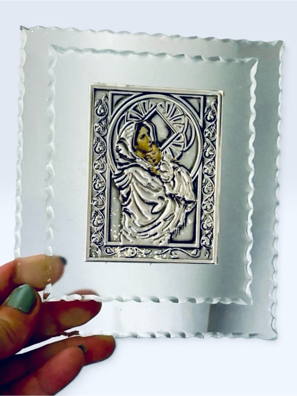 Vintage Silver-Plated Madonna and Child Beveled Glass Plaque /Plaque Icon Italy